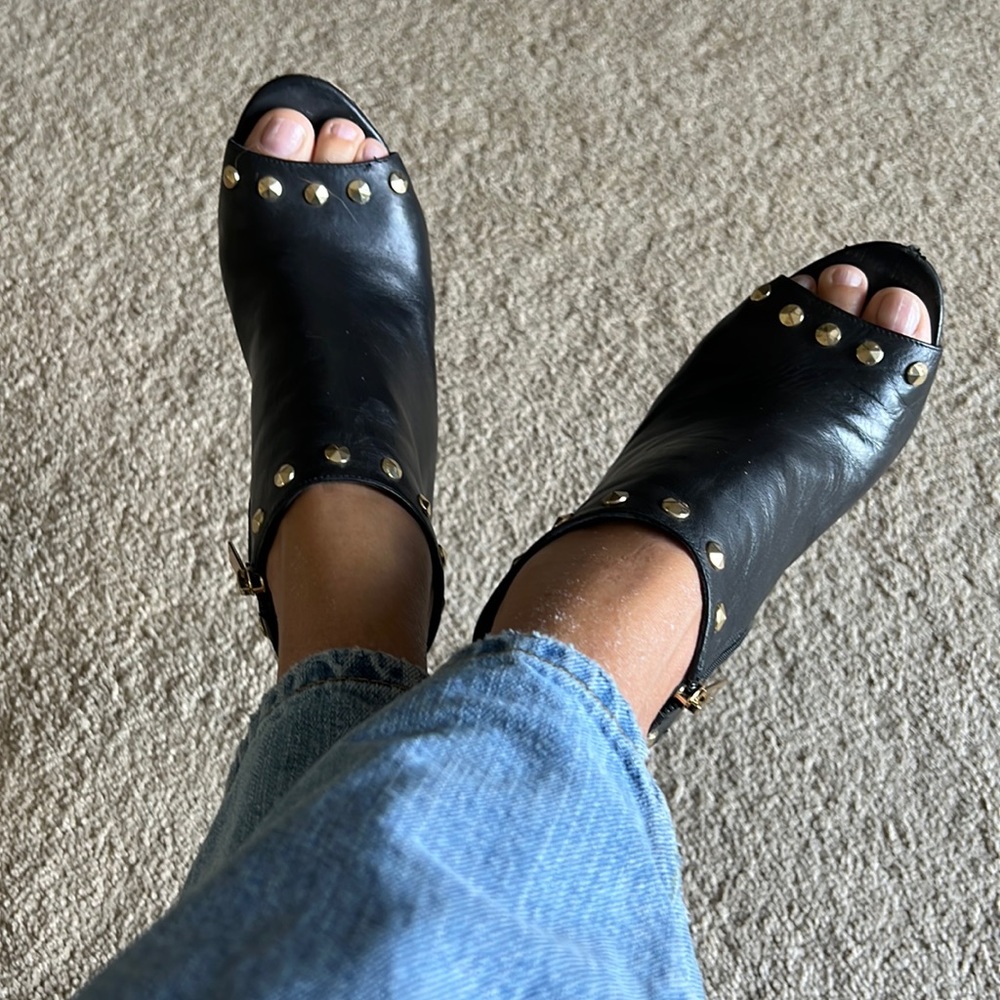 Vince Camuto Lambsjin Leather studded Peeptoe Slingback Heeled Sandals Booties